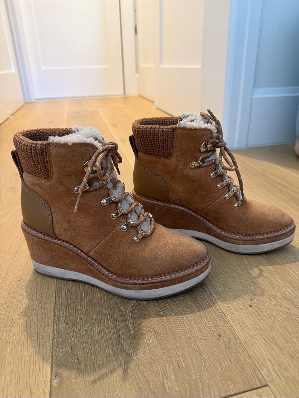 kate spade Tan Suede Wedge Lace-Up Booties with Shearling Trim